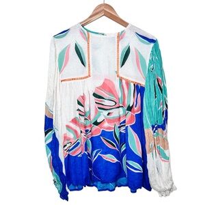 Blank London Miranda Floral Peasant Blouse Top Size Medium Cream Blue Pink